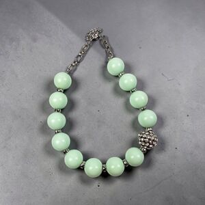 Mint Green Chunky Bead Statement Necklace Silver Tone Rhinestone Pave Ball